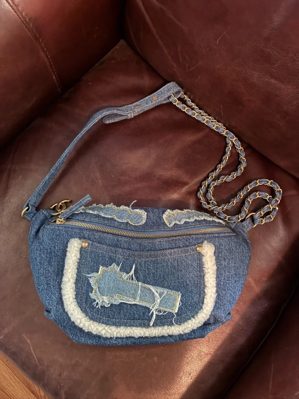 Chanel Denim Shearling Fur Waist Crossbody Bag White Blue Limited Edition